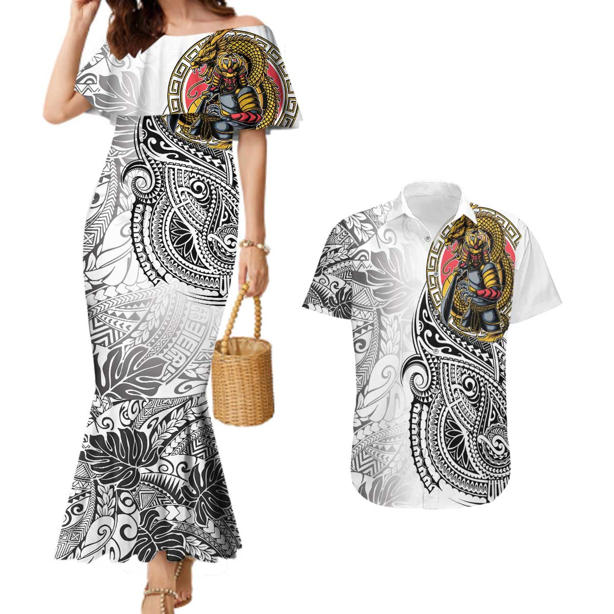 Japanese Samurai Warrior Couples Matching Mermaid Dress and Hawaiian Shirt White Polynesian Tattoo Style LT9 White - Polynesian Pride