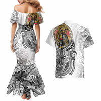 Japanese Samurai Warrior Couples Matching Mermaid Dress and Hawaiian Shirt White Polynesian Tattoo Style LT9 - Polynesian Pride