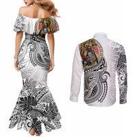 Japanese Samurai Warrior Couples Matching Mermaid Dress and Long Sleeve Button Shirt White Polynesian Tattoo Style