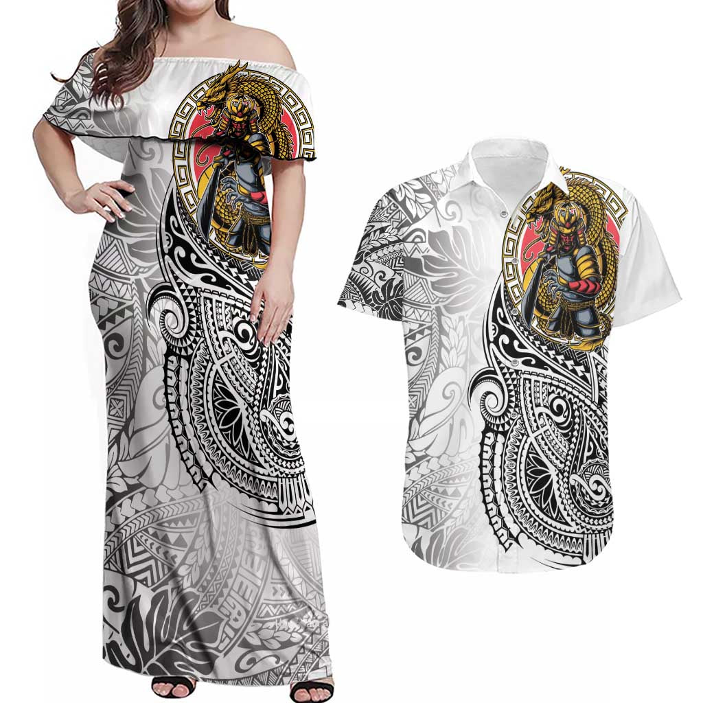 Japanese Samurai Warrior Couples Matching Off Shoulder Maxi Dress and Hawaiian Shirt White Polynesian Tattoo Style
