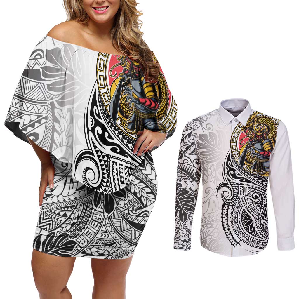 Japanese Samurai Warrior Couples Matching Off Shoulder Short Dress and Long Sleeve Button Shirt White Polynesian Tattoo Style