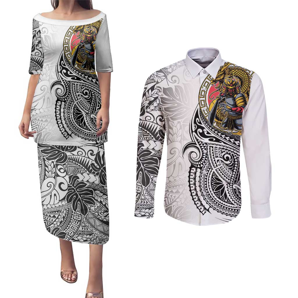 Japanese Samurai Warrior Couples Matching Puletasi and Long Sleeve Button Shirt White Polynesian Tattoo Style
