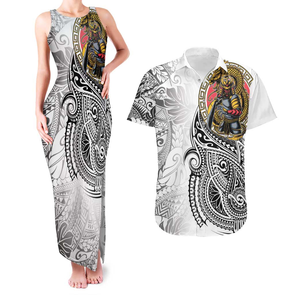 Japanese Samurai Warrior Couples Matching Tank Maxi Dress and Hawaiian Shirt White Polynesian Tattoo Style