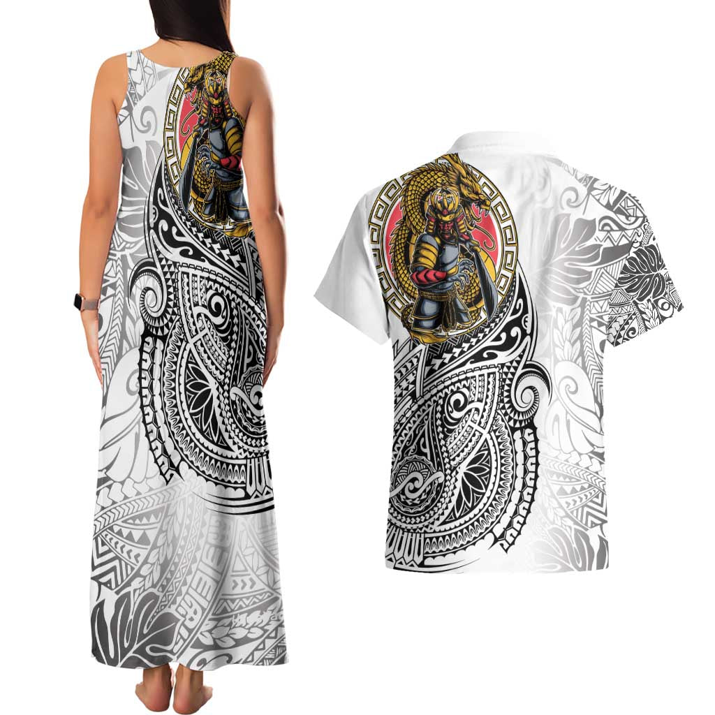 Japanese Samurai Warrior Couples Matching Tank Maxi Dress and Hawaiian Shirt White Polynesian Tattoo Style LT9 - Polynesian Pride