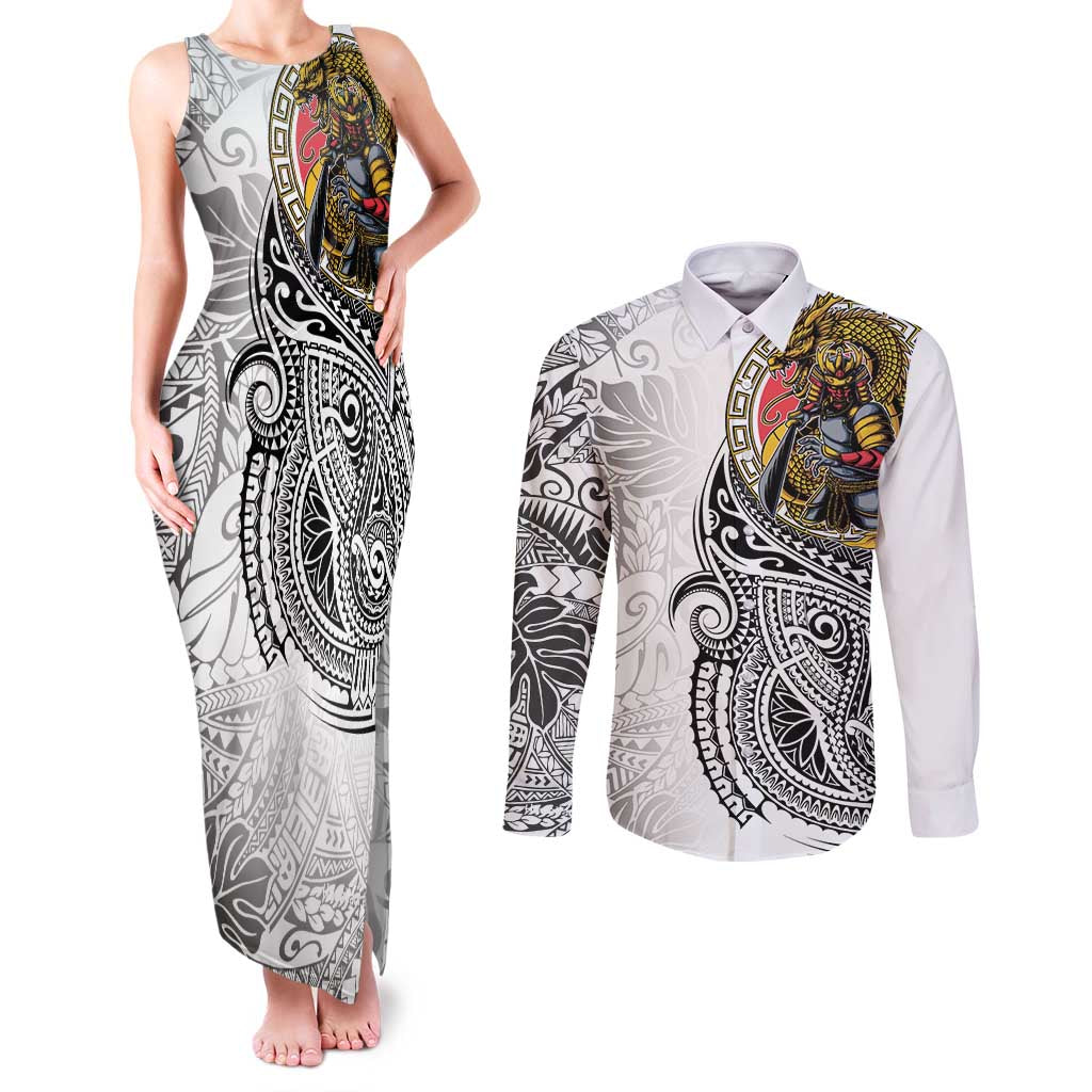 Japanese Samurai Warrior Couples Matching Tank Maxi Dress and Long Sleeve Button Shirt White Polynesian Tattoo Style