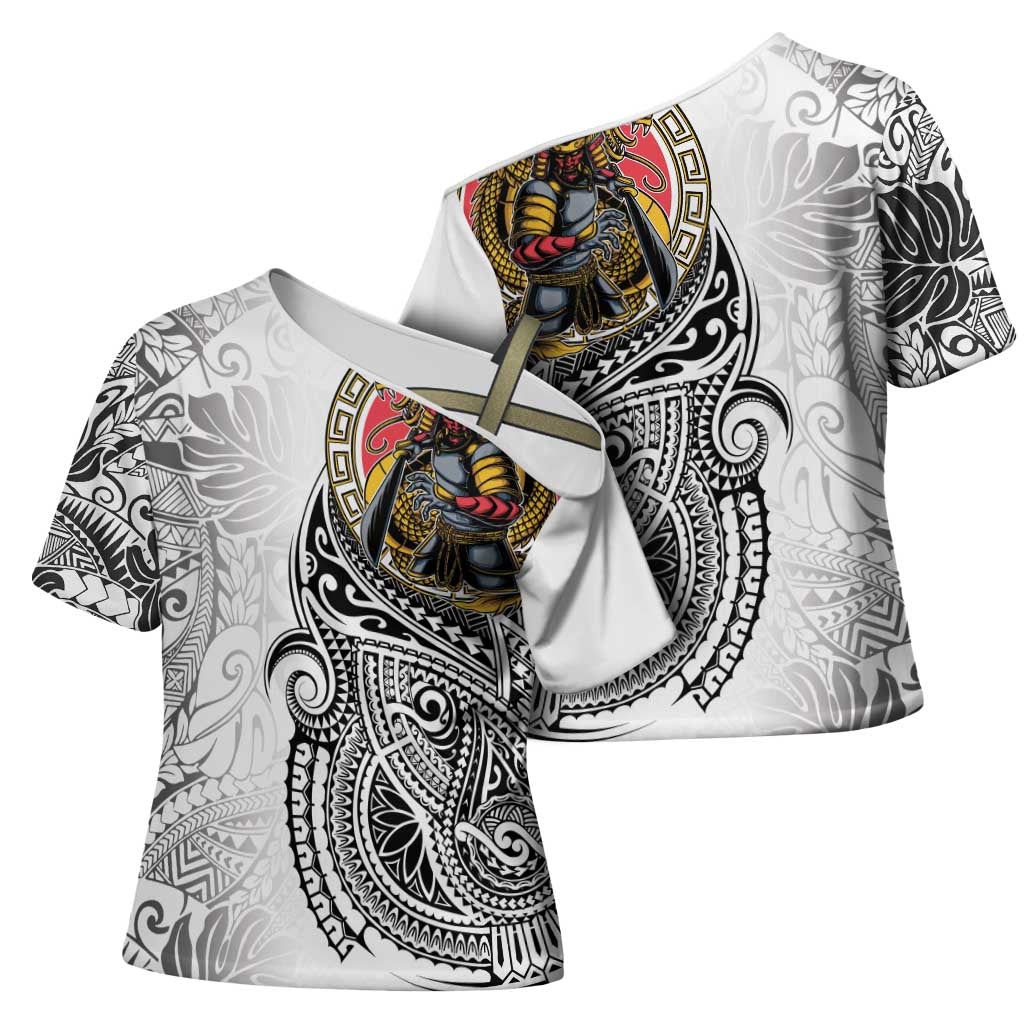 Japanese Samurai Warrior Cross Shoulder Shirt White Polynesian Tattoo Style - Polynesian Pride