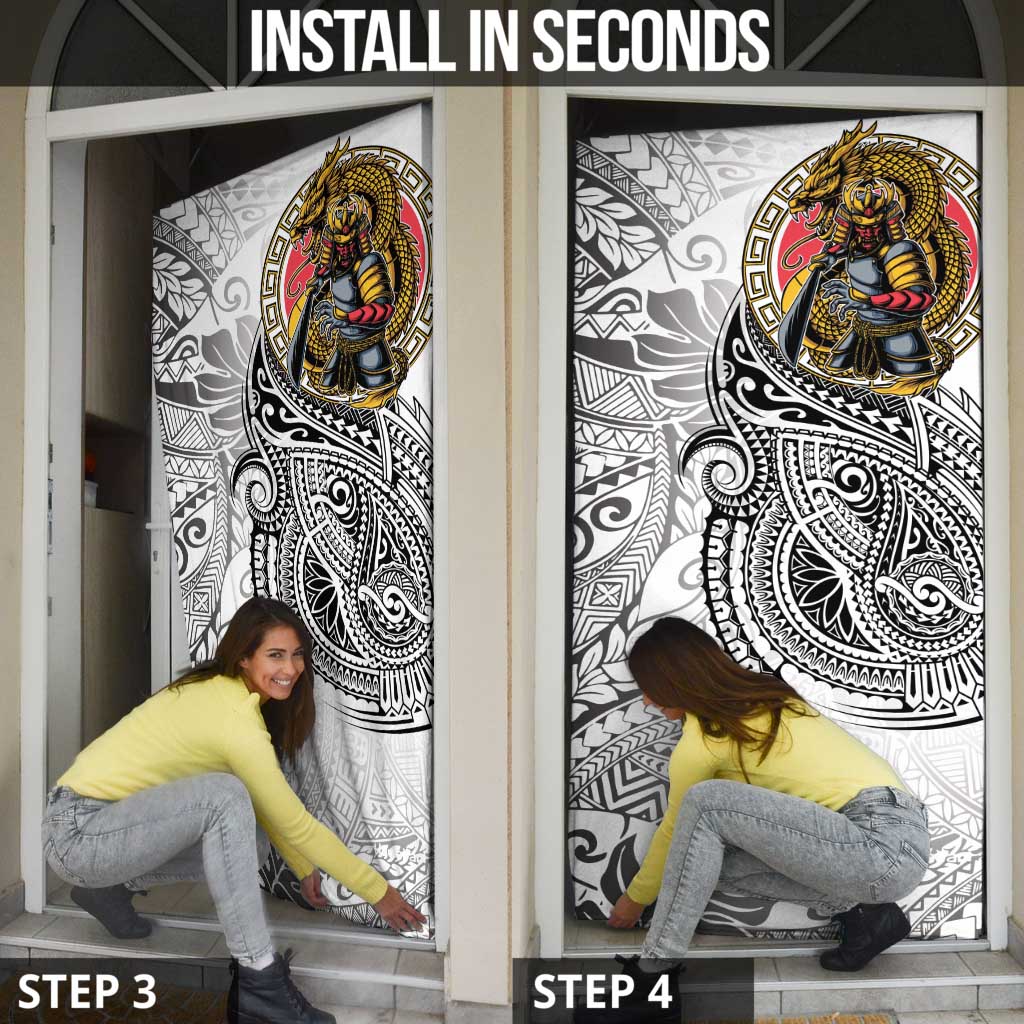 Japanese Samurai Warrior Door Cover White Polynesian Tattoo Style - Polynesian Pride