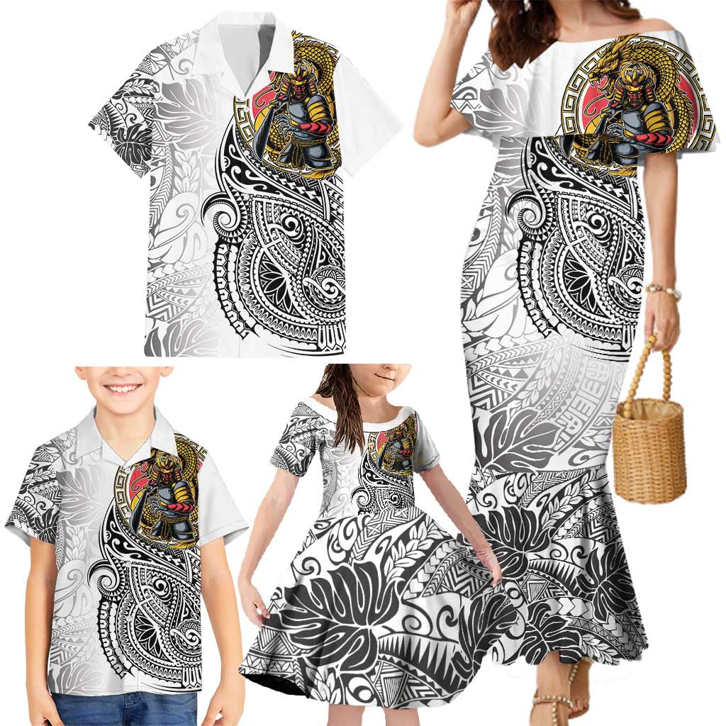 Japanese Samurai Warrior Family Matching Mermaid Dress and Hawaiian Shirt White Polynesian Tattoo Style