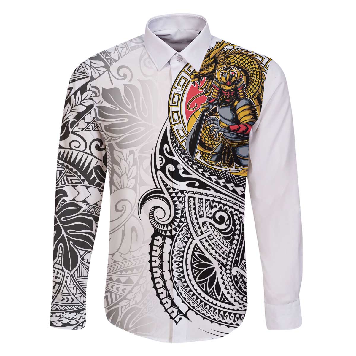 Japanese Samurai Warrior Family Matching Off The Shoulder Long Sleeve Dress and Hawaiian Shirt White Polynesian Tattoo Style