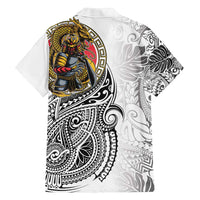 Japanese Samurai Warrior Family Matching Off Shoulder Short Dress and Hawaiian Shirt White Polynesian Tattoo Style
