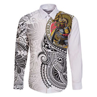 Japanese Samurai Warrior Family Matching Off Shoulder Short Dress and Hawaiian Shirt White Polynesian Tattoo Style