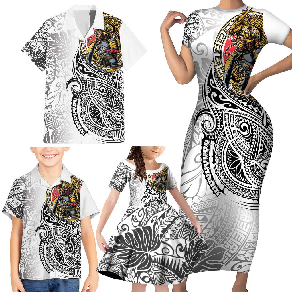 Japanese Samurai Warrior Family Matching Short Sleeve Bodycon Dress and Hawaiian Shirt White Polynesian Tattoo Style