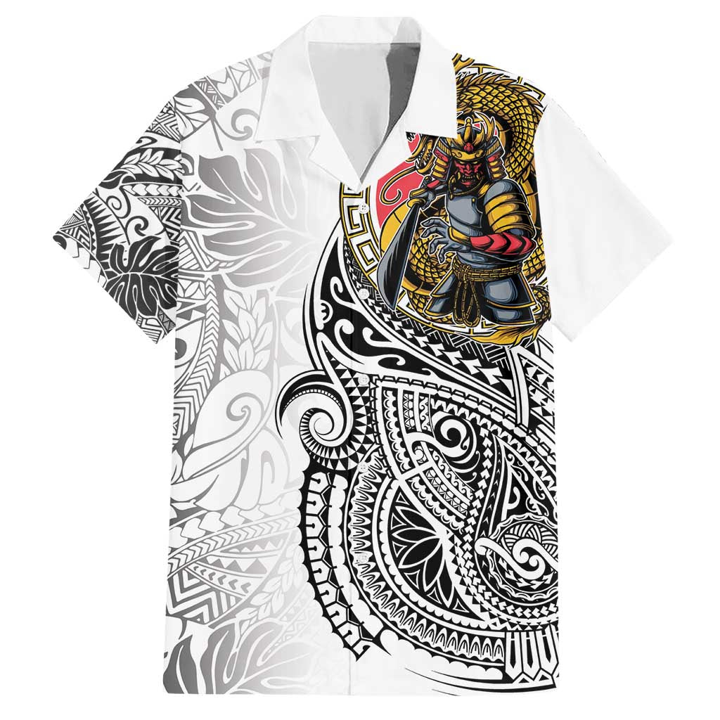 Japanese Samurai Warrior Family Matching Short Sleeve Bodycon Dress and Hawaiian Shirt White Polynesian Tattoo Style