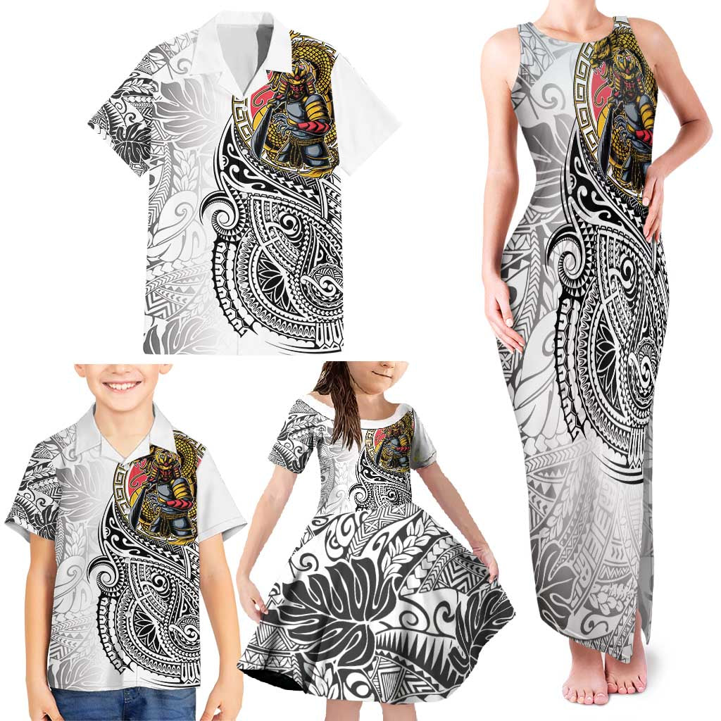 Japanese Samurai Warrior Family Matching Tank Maxi Dress and Hawaiian Shirt White Polynesian Tattoo Style