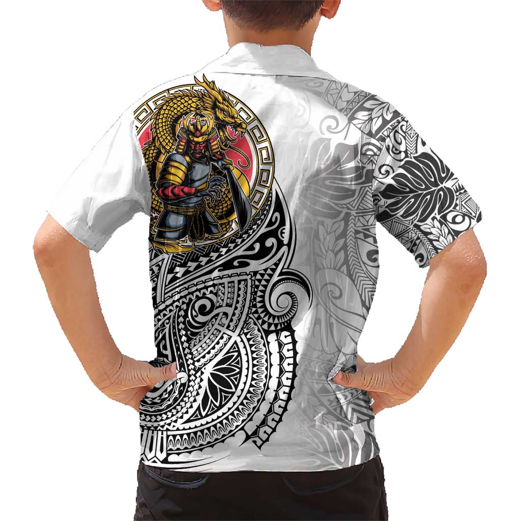 Japanese Samurai Warrior Hawaiian Shirt White Polynesian Tattoo Style