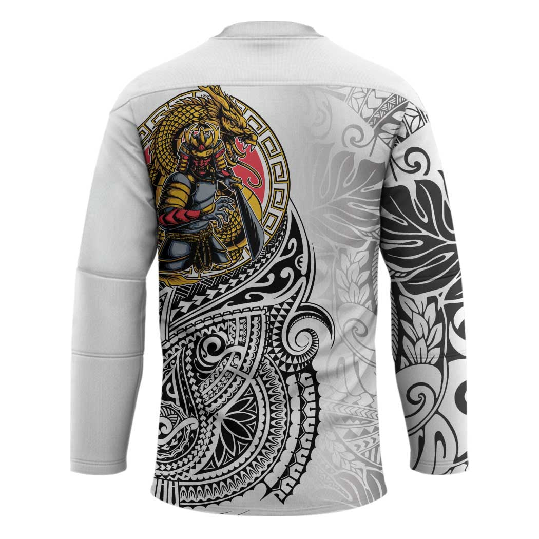 Japanese Samurai Warrior Hockey Jersey White Polynesian Tattoo Style - Polynesian Pride