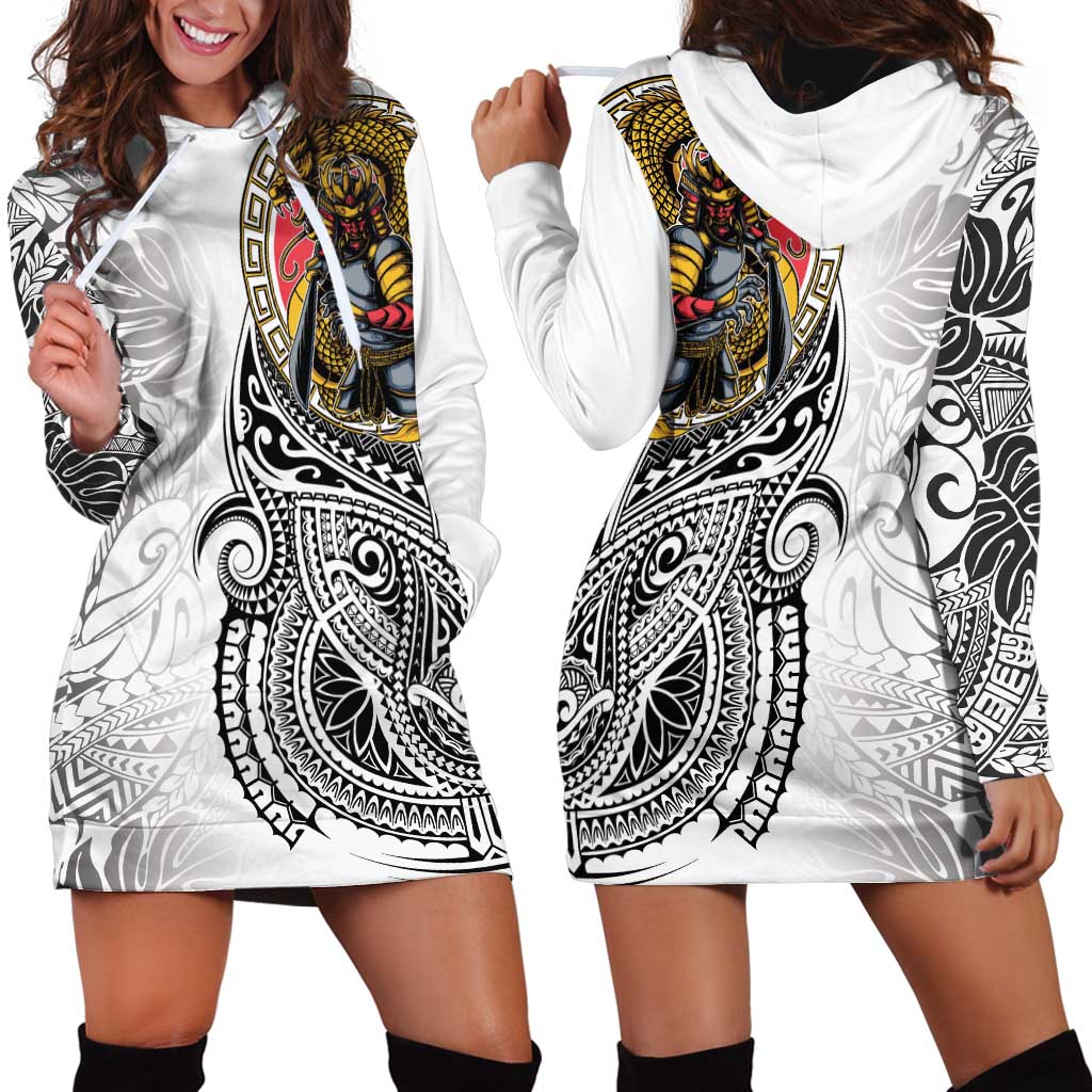 Japanese Samurai Warrior Hoodie Dress White Polynesian Tattoo Style