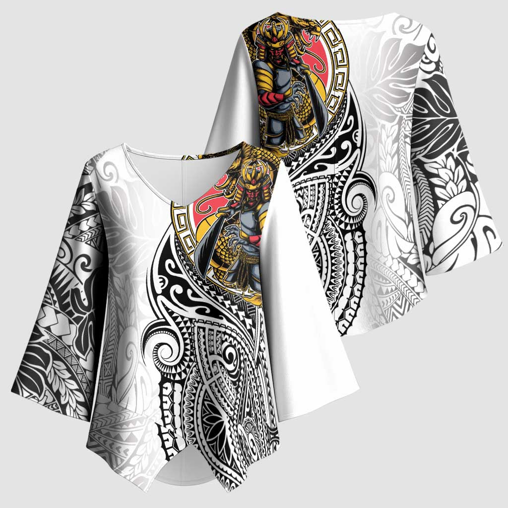 Japanese Samurai Warrior Kimono Sleeve Blouse White Polynesian Tattoo Style - Polynesian Pride
