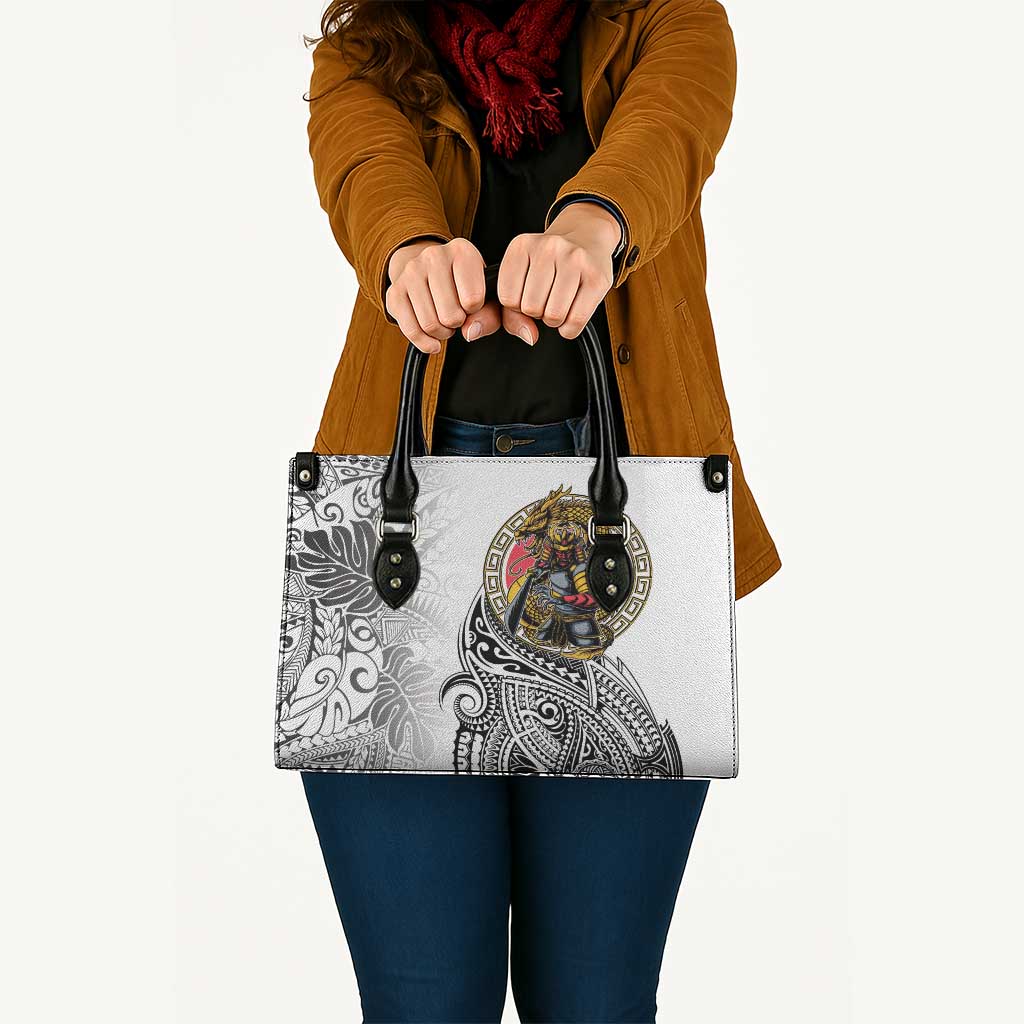 Japanese Samurai Warrior Leather Bag White Polynesian Tattoo Style - Polynesian Pride