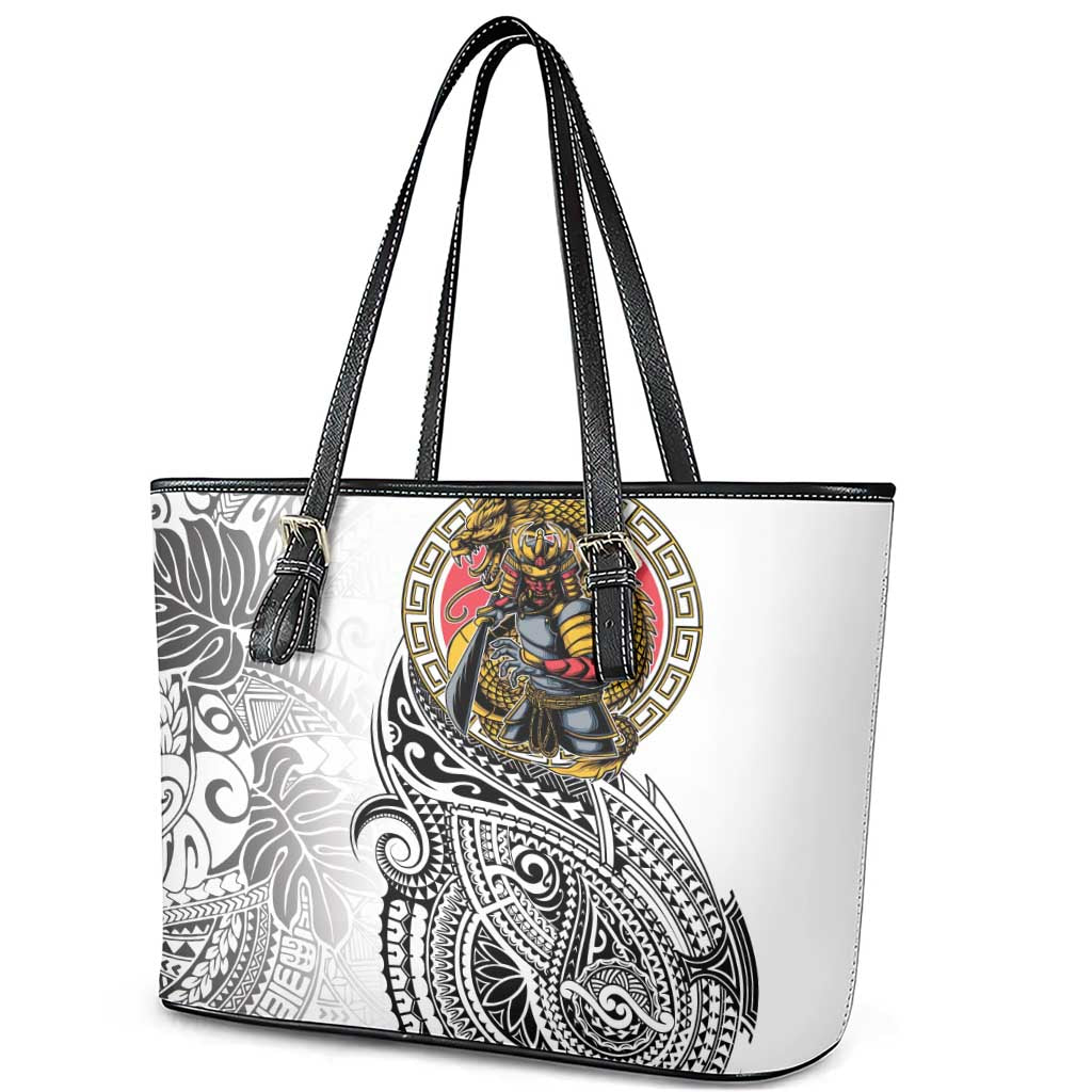Japanese Samurai Warrior Leather Tote Bag White Polynesian Tattoo Style