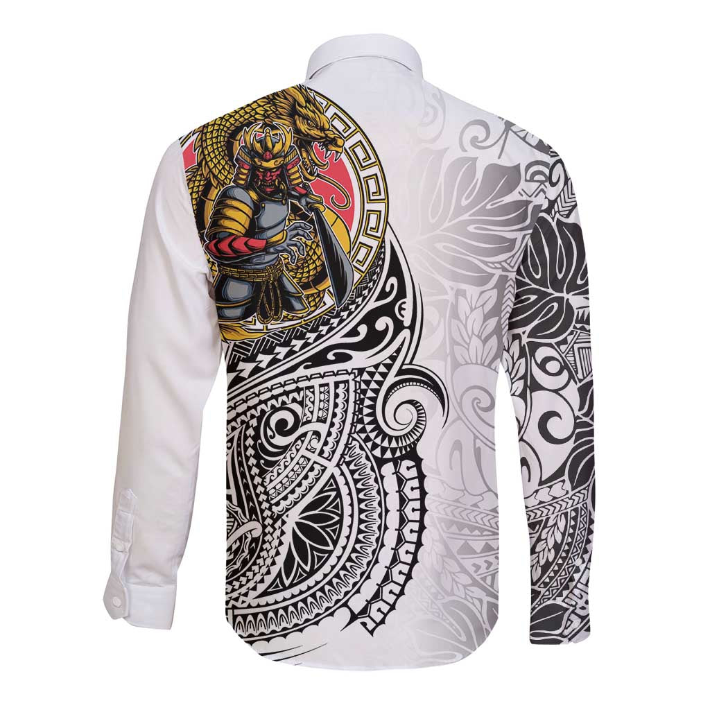 Japanese Samurai Warrior Long Sleeve Button Shirt White Polynesian Tattoo Style