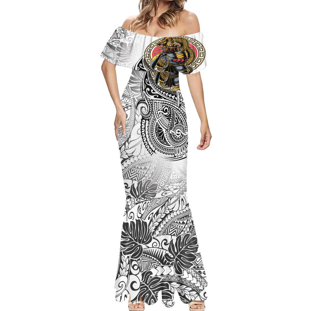 Japanese Samurai Warrior Mermaid Dress White Polynesian Tattoo Style