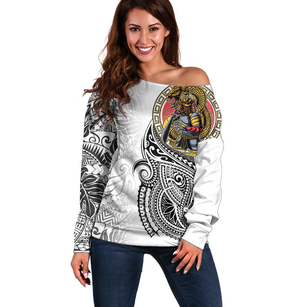 Japanese Samurai Warrior Off Shoulder Sweater White Polynesian Tattoo Style