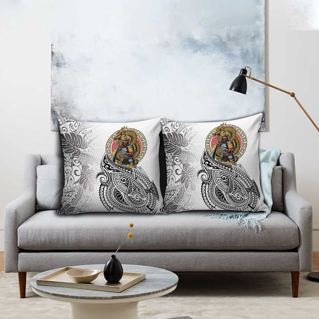 Japanese Samurai Warrior Pillow Cover White Polynesian Tattoo Style - Polynesian Pride