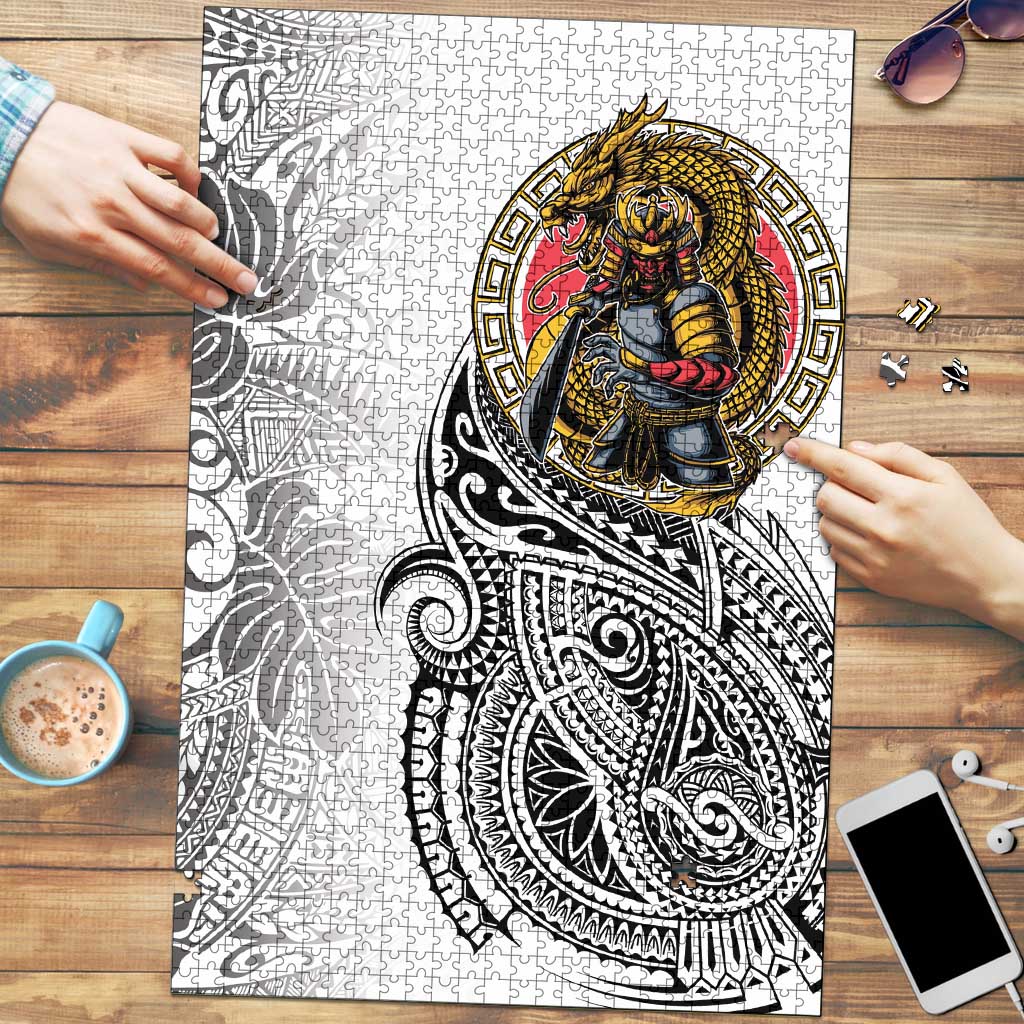 Japanese Samurai Warrior Puzzle White Polynesian Tattoo Style - Polynesian Pride