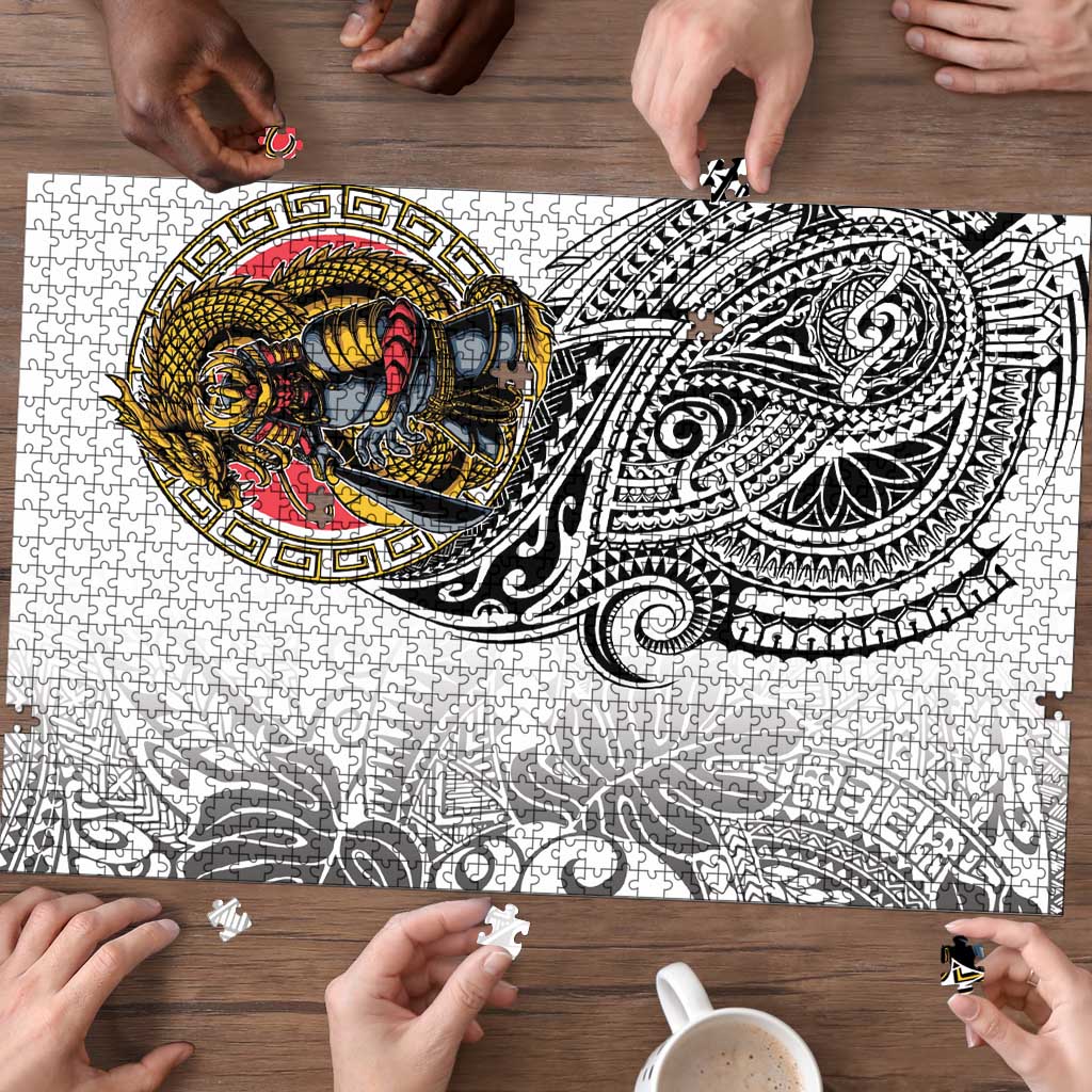 Japanese Samurai Warrior Puzzle White Polynesian Tattoo Style - Polynesian Pride