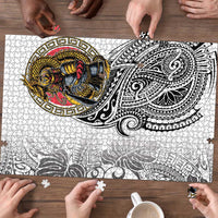 Japanese Samurai Warrior Puzzle White Polynesian Tattoo Style - Polynesian Pride