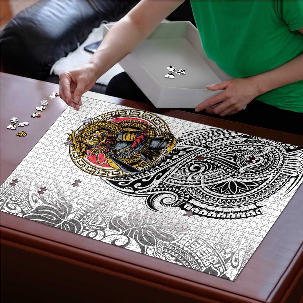 Japanese Samurai Warrior Puzzle White Polynesian Tattoo Style - Polynesian Pride
