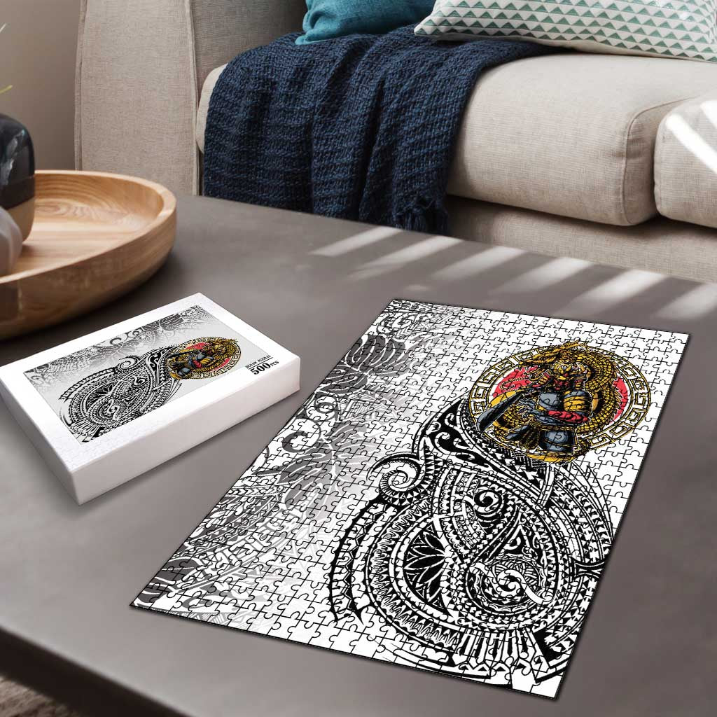 Japanese Samurai Warrior Puzzle White Polynesian Tattoo Style - Polynesian Pride