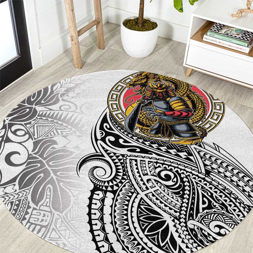 Japanese Samurai Warrior Round Carpet White Polynesian Tattoo Style
