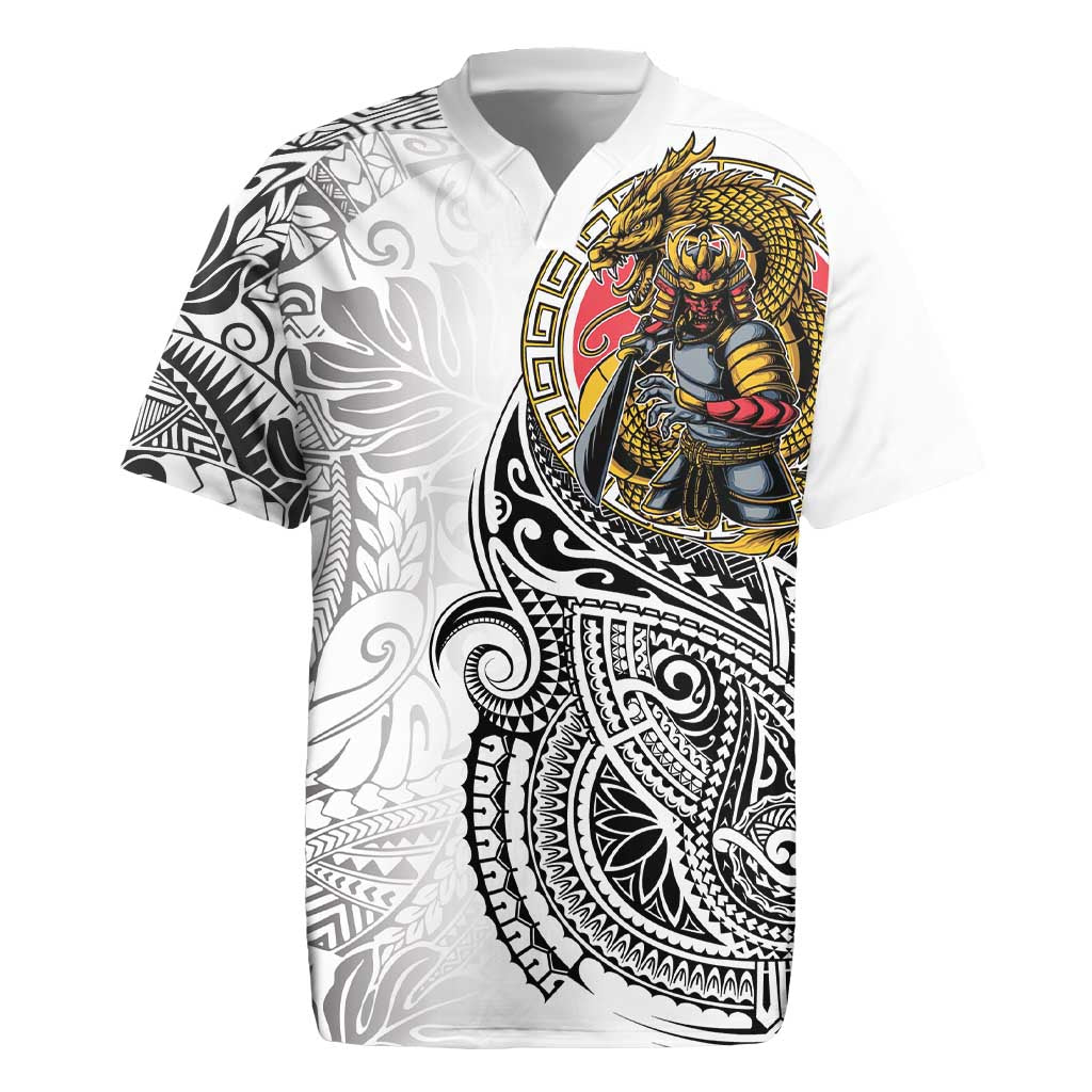 Japanese Samurai Warrior Rugby Jersey White Polynesian Tattoo Style