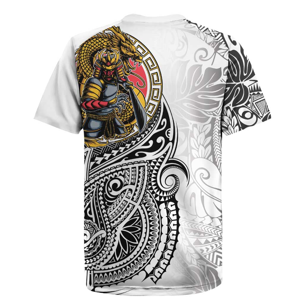 Japanese Samurai Warrior Rugby Jersey White Polynesian Tattoo Style