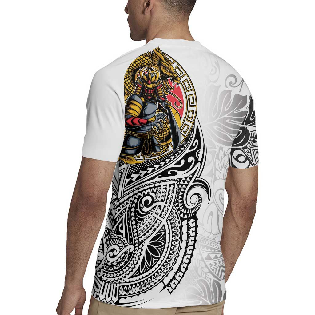 Japanese Samurai Warrior Rugby Jersey White Polynesian Tattoo Style