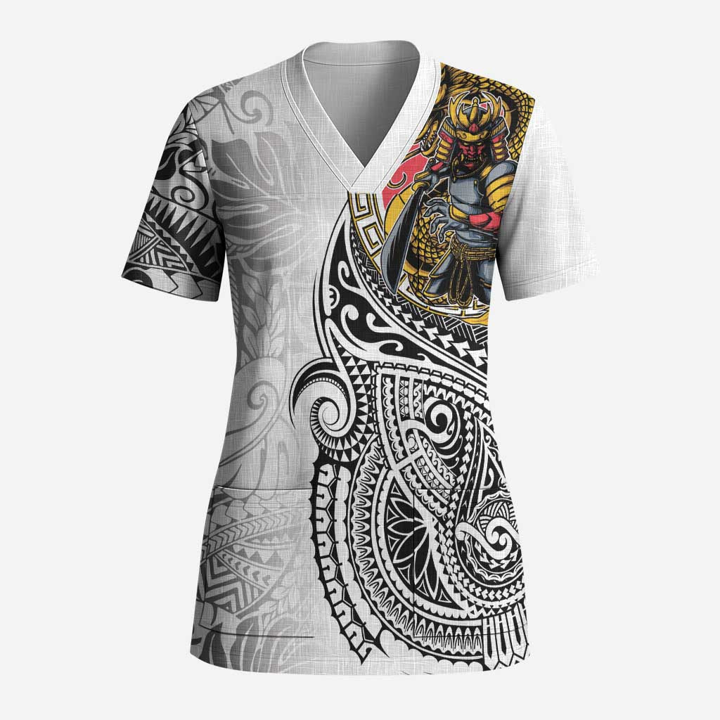Japanese Samurai Warrior Scrub Top White Polynesian Tattoo Style - Polynesian Pride