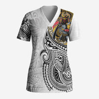 Japanese Samurai Warrior Scrub Top White Polynesian Tattoo Style - Polynesian Pride