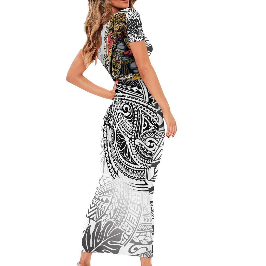 Japanese Samurai Warrior Short Sleeve Bodycon Dress White Polynesian Tattoo Style