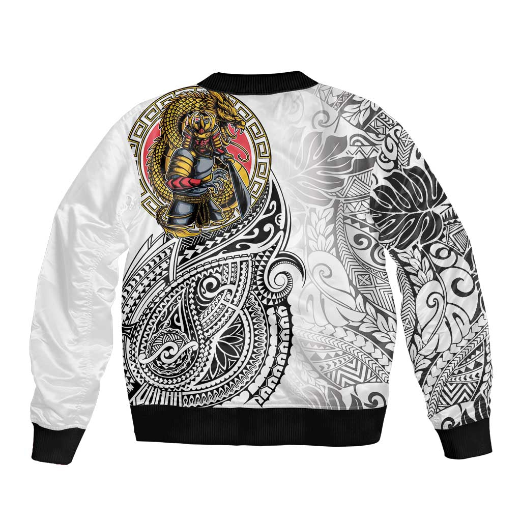 Japanese Samurai Warrior Sleeve Zip Bomber Jacket White Polynesian Tattoo Style