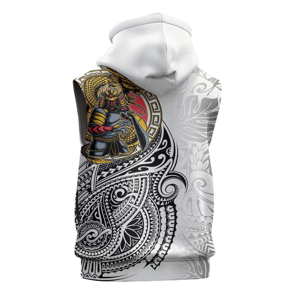 Japanese Samurai Warrior Sleeveless Hoodie White Polynesian Tattoo Style - Polynesian Pride