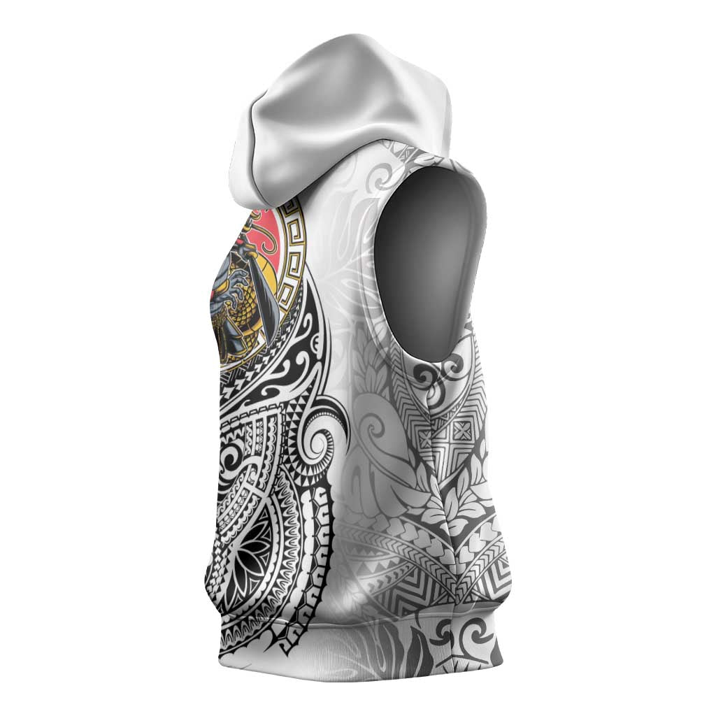 Japanese Samurai Warrior Sleeveless Hoodie White Polynesian Tattoo Style - Polynesian Pride