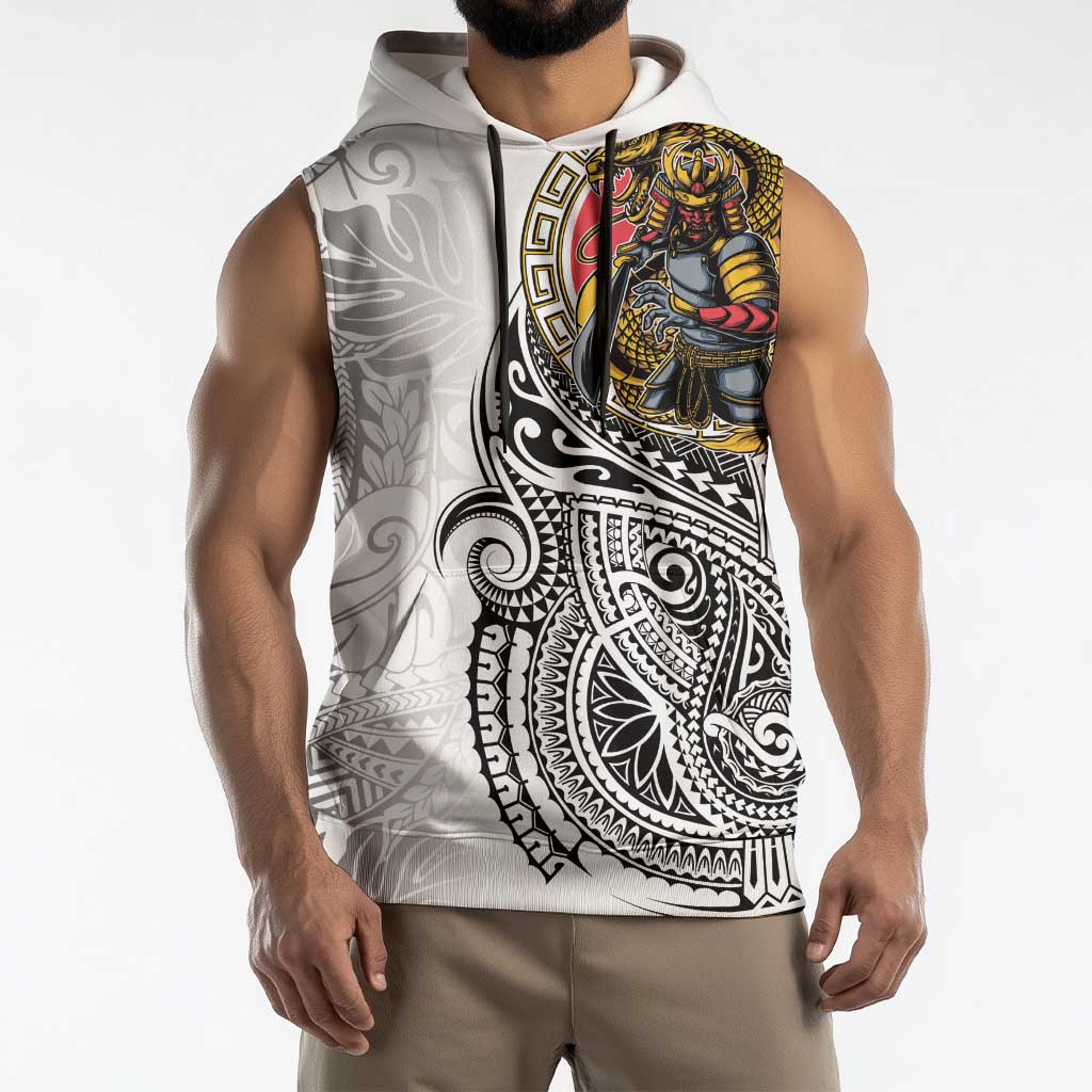 Japanese Samurai Warrior Sleeveless Hoodie White Polynesian Tattoo Style - Polynesian Pride