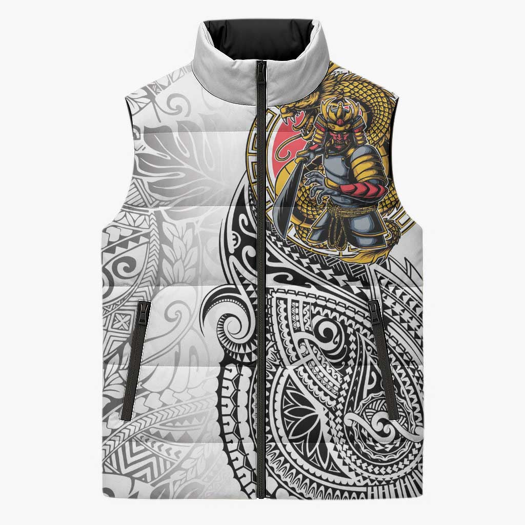 Japanese Samurai Warrior Sleeveless Puffer Jacket White Polynesian Tattoo Style - Polynesian Pride