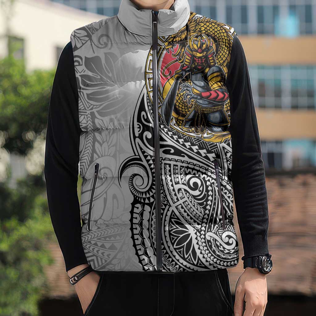 Japanese Samurai Warrior Sleeveless Puffer Jacket White Polynesian Tattoo Style - Polynesian Pride