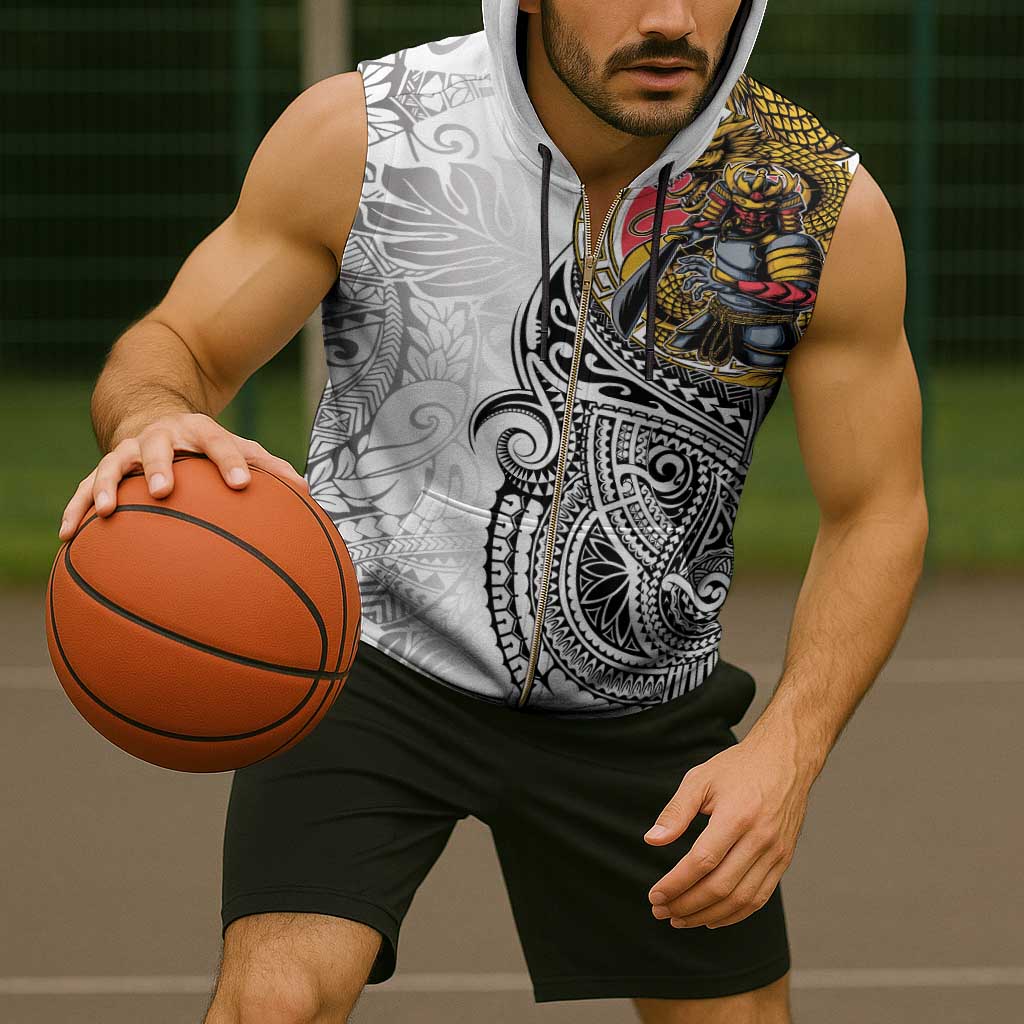 Japanese Samurai Warrior Sleeveless Zip Hoodie White Polynesian Tattoo Style - Polynesian Pride