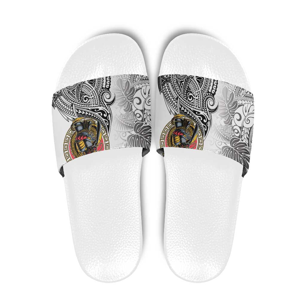 Japanese Samurai Warrior Slide Sandals White Polynesian Tattoo Style - Polynesian Pride