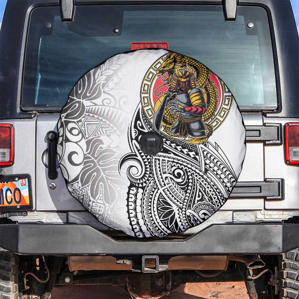 Japanese Samurai Warrior Spare Tire Cover White Polynesian Tattoo Style