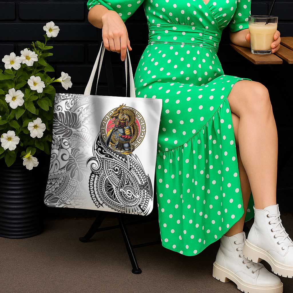 Japanese Samurai Warrior Tote Bag White Polynesian Tattoo Style - Polynesian Pride